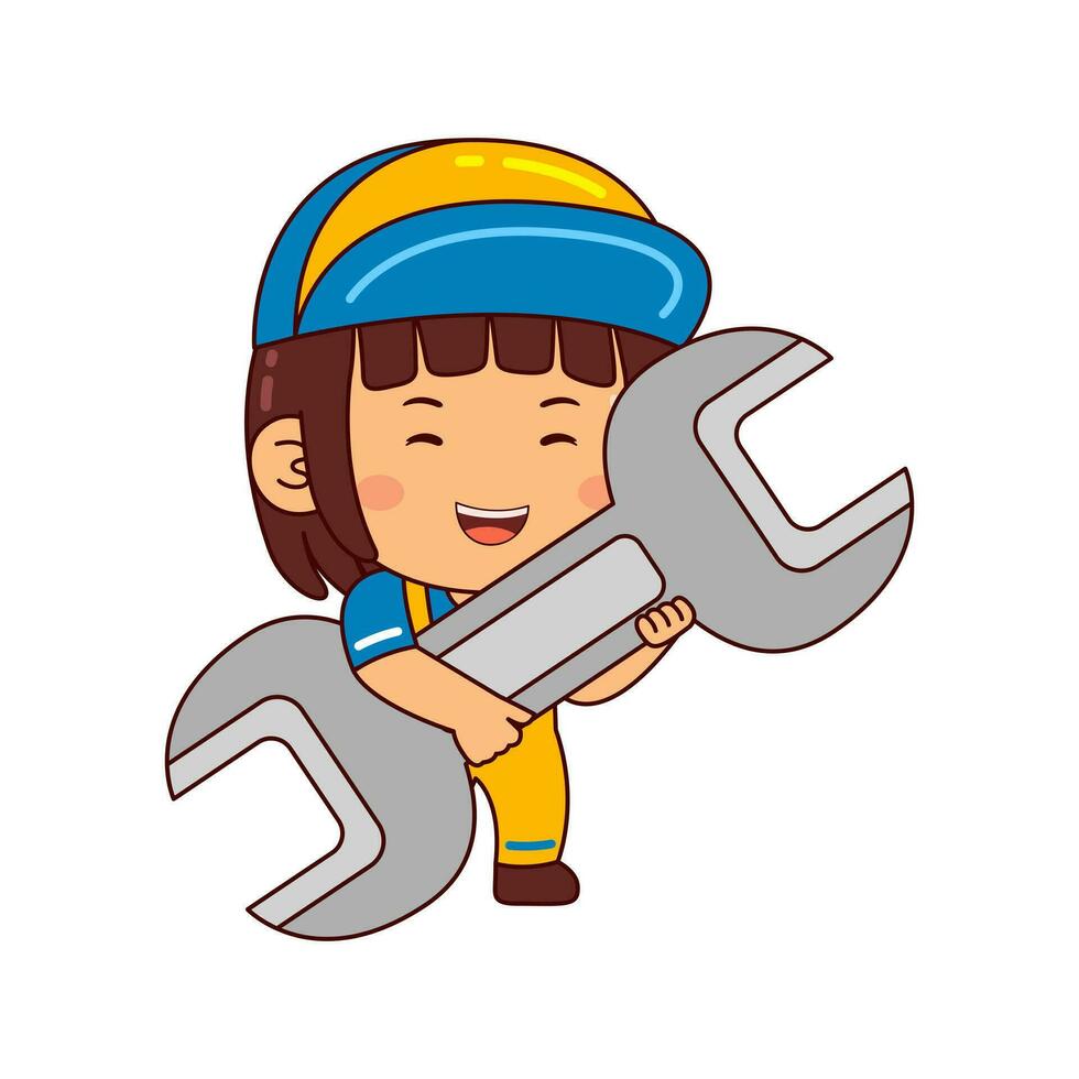 cute mechanic girl cartoon character vector illustration