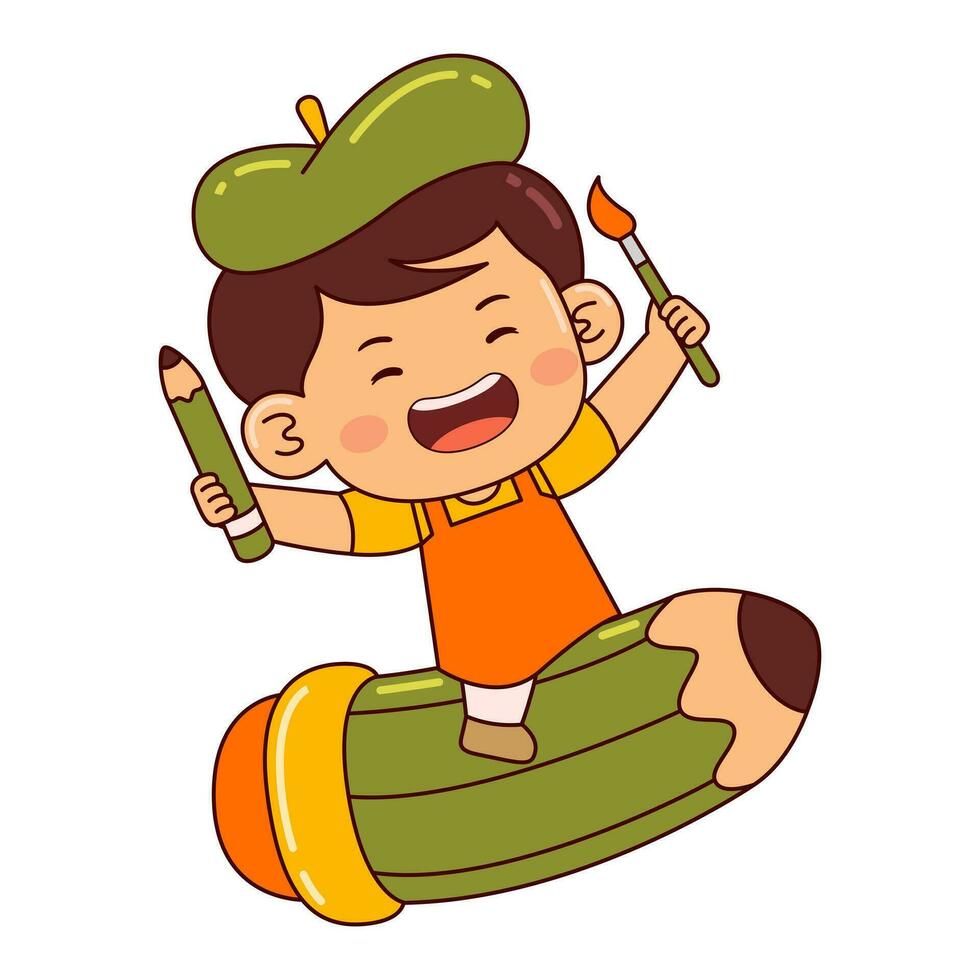 cute artist boy cartoon character vector illustration