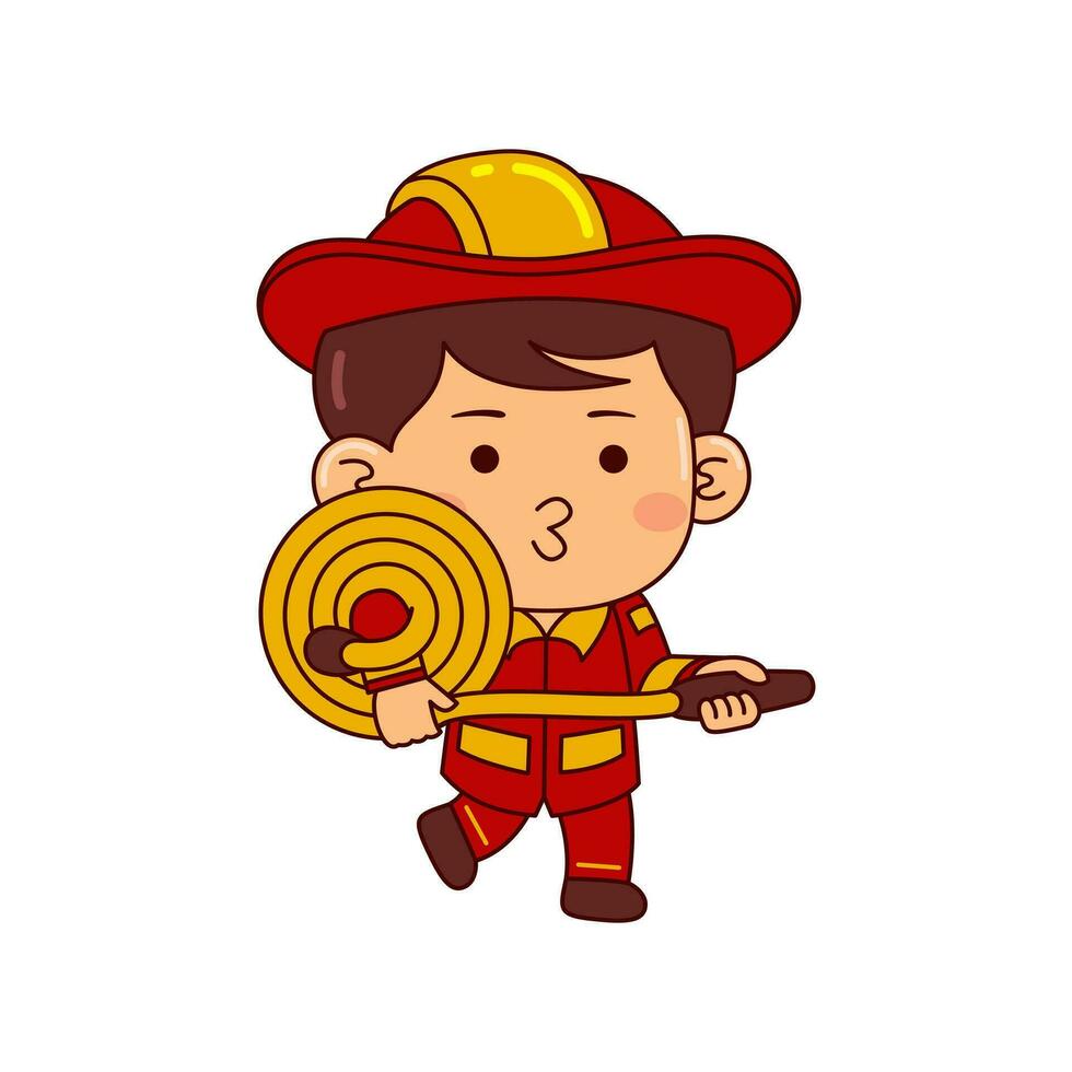 cute firefighter boy cartoon character vector illustration