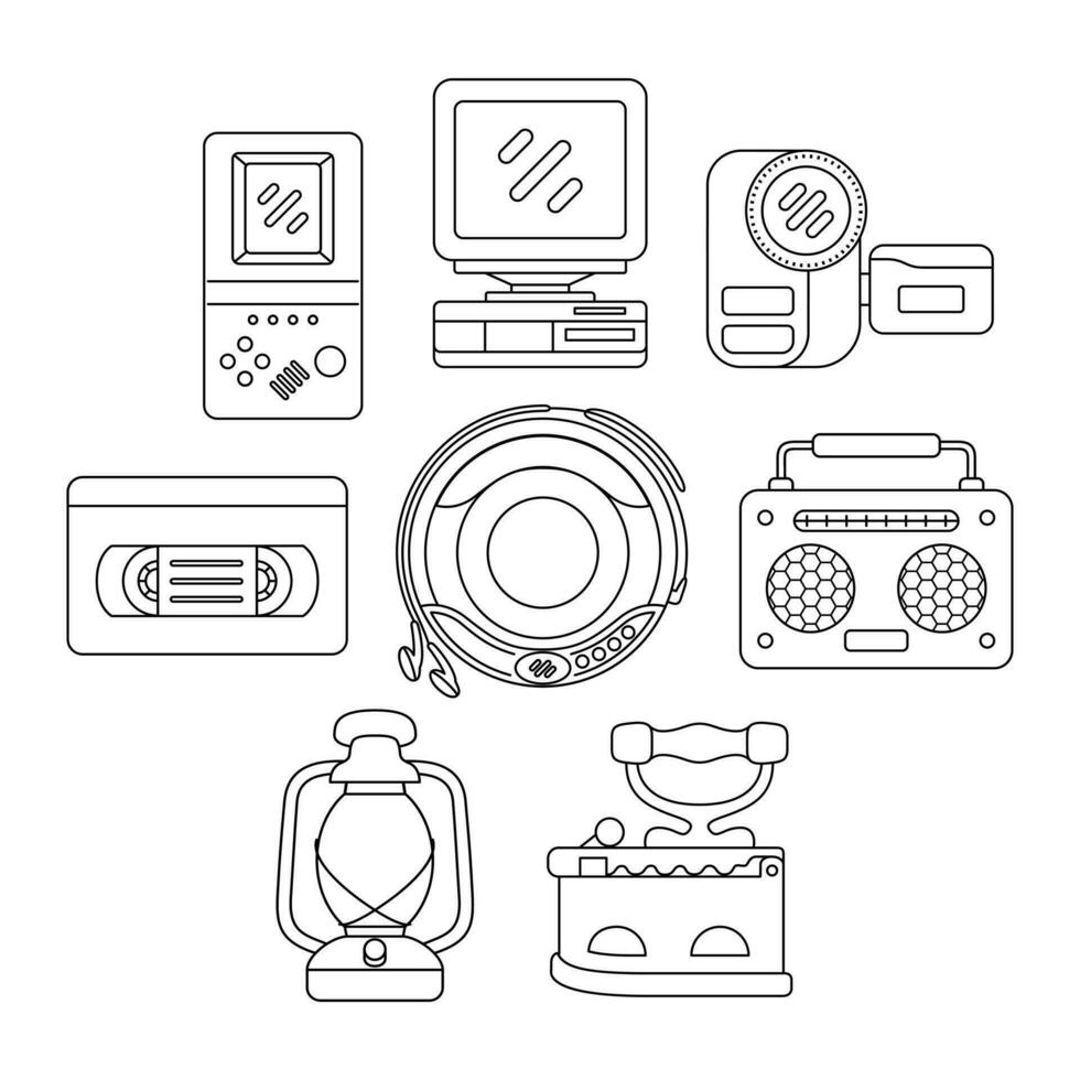 90s technology objects vector illustrations set