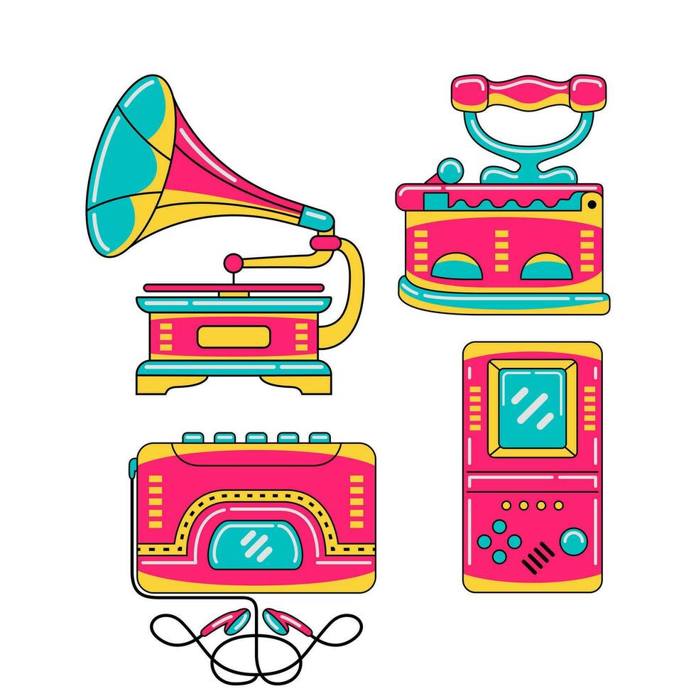 90s technology objects vector illustrations set
