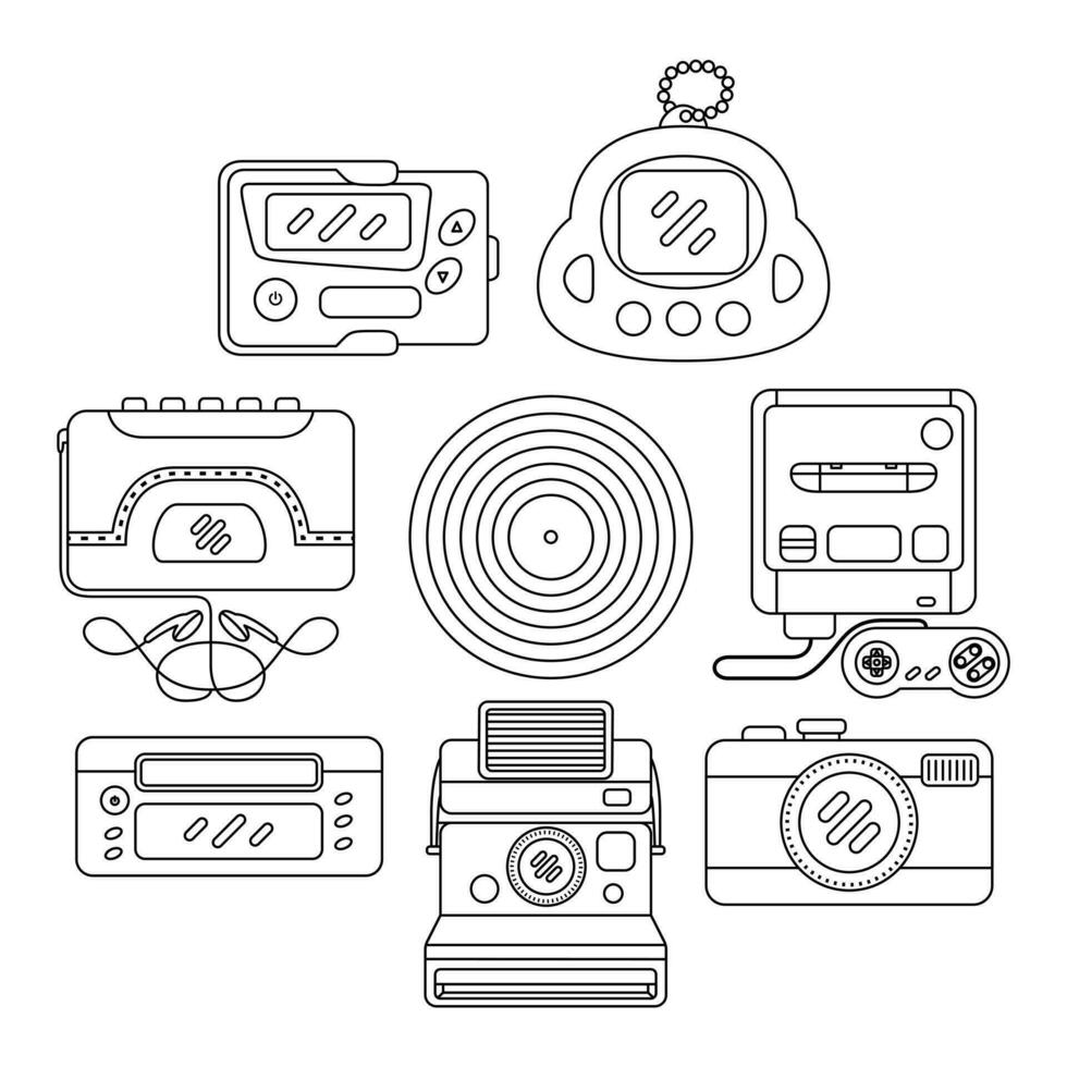 90s technology objects vector illustrations set