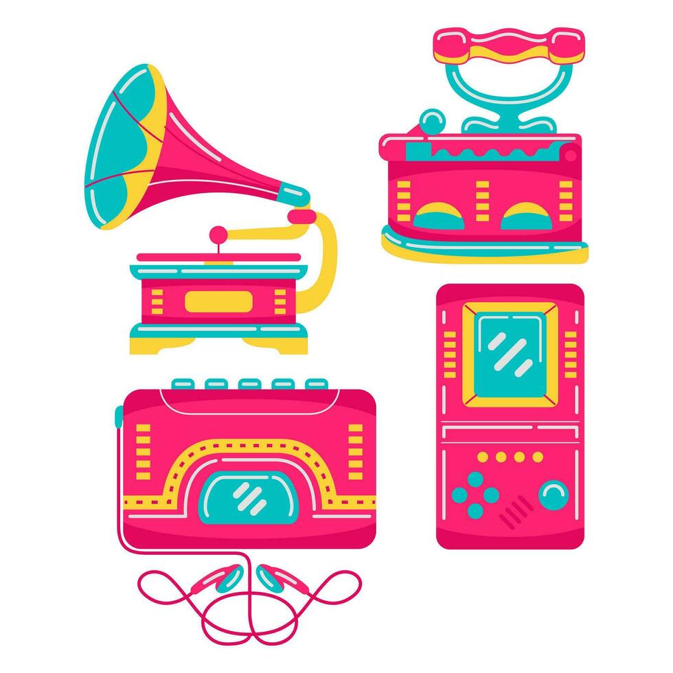 90s technology objects vector illustrations set