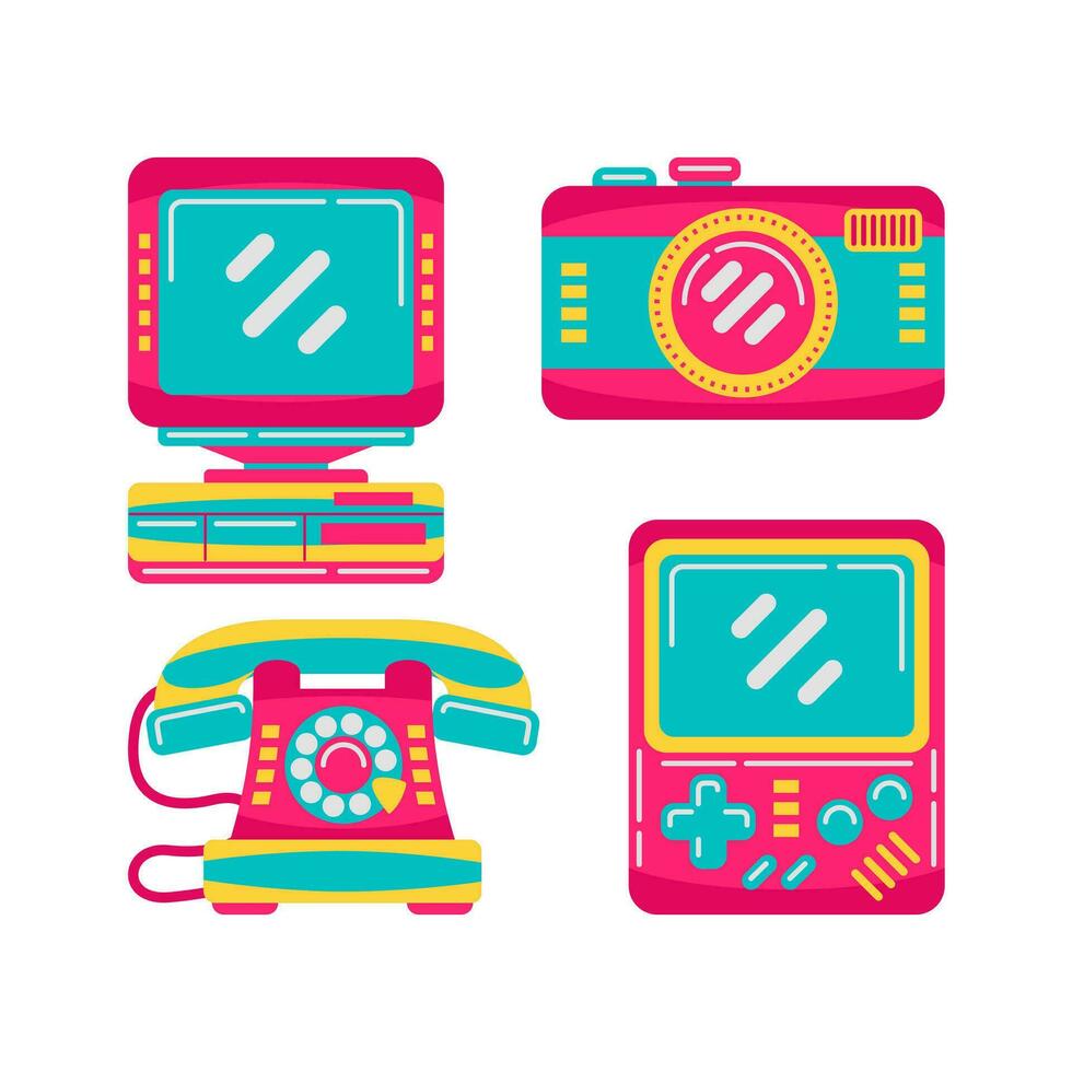 90s technology objects vector illustrations set