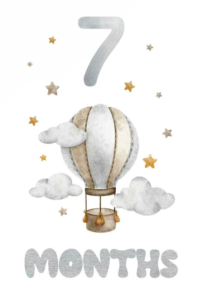 Baby Milestone Card with Beige Hot Air Balloon, clouds and stars. Baby's seven month. Seven month of baby. Monthly numbers cards. Newborn month postcard. Card for kids' photos. vector