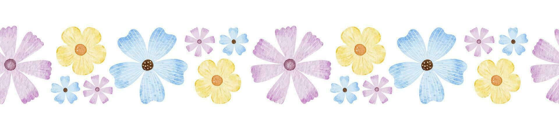 azul, púrpura y amarillo flores silvestres sin costura frontera de sencillo colores. aislado acuarela ilustración. para el diseño de postales, embalaje de bienes, invitaciones, tarjetas vector