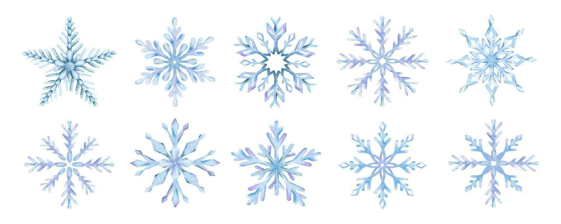 Set of snowflake. Watercolor Isolated illustration. Holiday traditional decoration, symbol of winter and cold weather. For card, poster, greeting, postcard, invitation, banner. vector