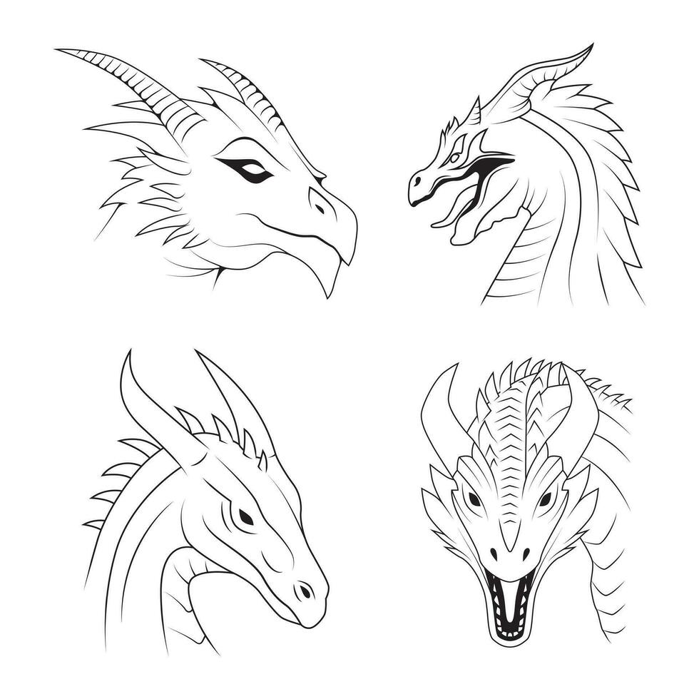 Collection of hand drawn dragon head outline. Dragon line art, vector illustration