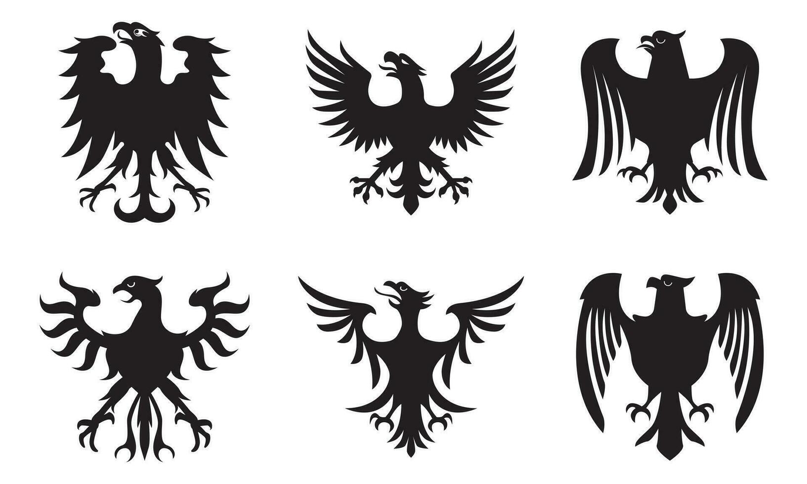 Collection of heraldic eagle logos. Ancient bird badge symbol silhouette vector