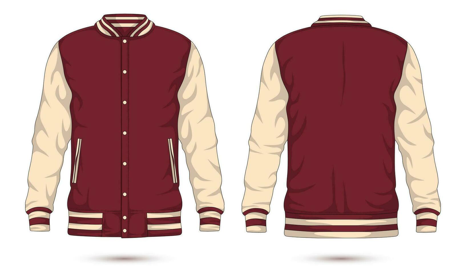 Two-tone varsity jacket mockup front and back view. Vector illustration