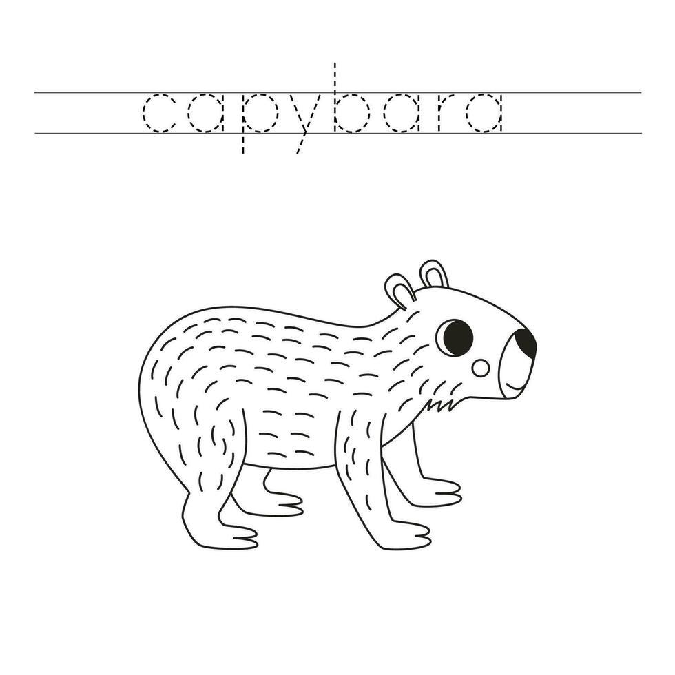 Trace the letters and color cartoon capybara. Handwriting practice for kids. vector