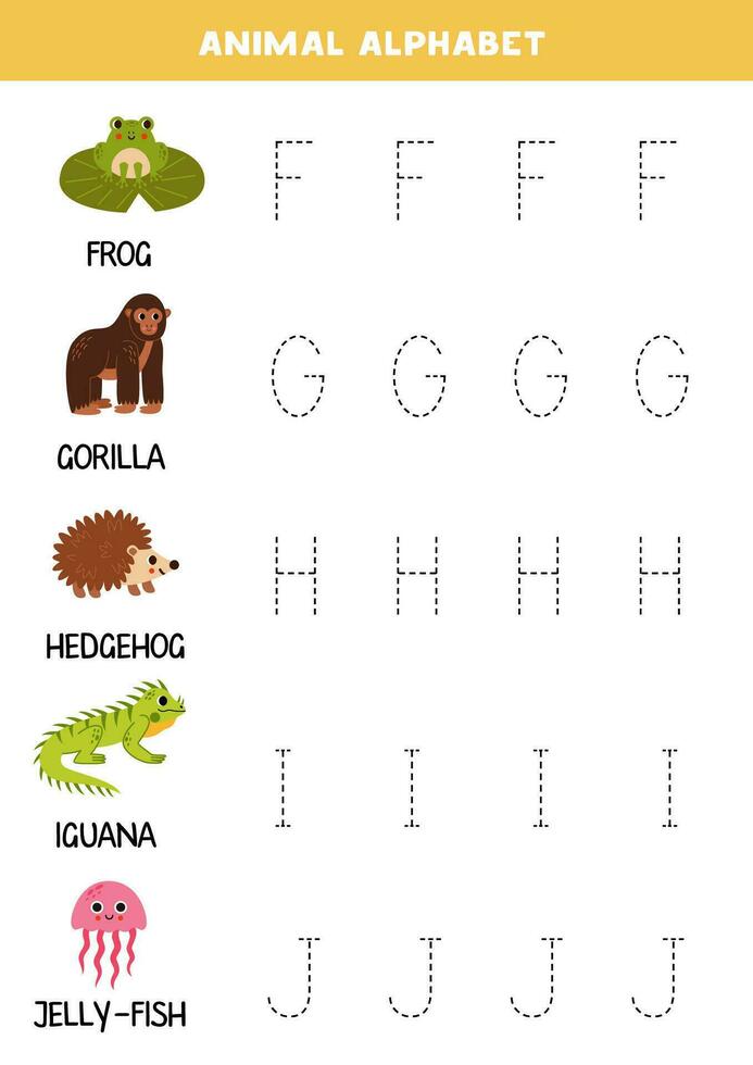 Tracing letters of animal alphabet. Writing practice. vector