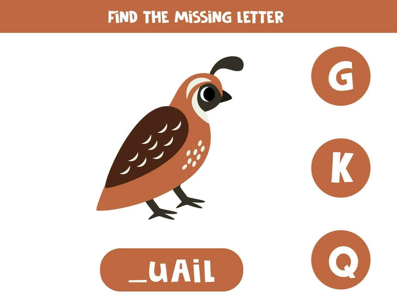 Find missing letter with cartoon quail. Spelling worksheet. vector