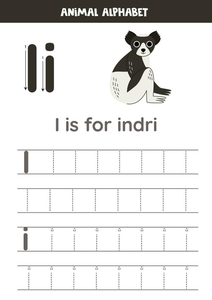 Tracing alphabet letters for kids. Animal alphabet. I is for indri. vector