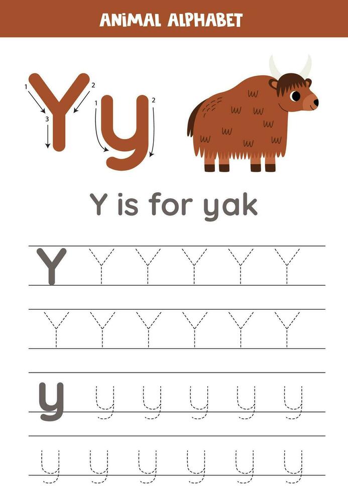 Tracing alphabet letters for kids. Animal alphabet. y is for yak. vector