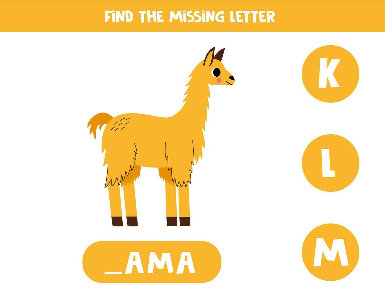 Find missing letter with cartoon llama. Spelling worksheet. vector