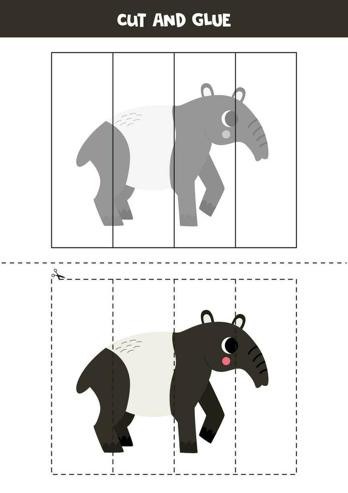 cortar y pegamento juego para niños. linda dibujos animados tapir. vector