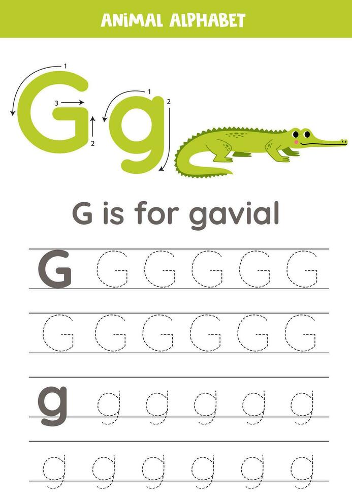 Tracing alphabet letters for kids. Animal alphabet. G is for gavial. vector