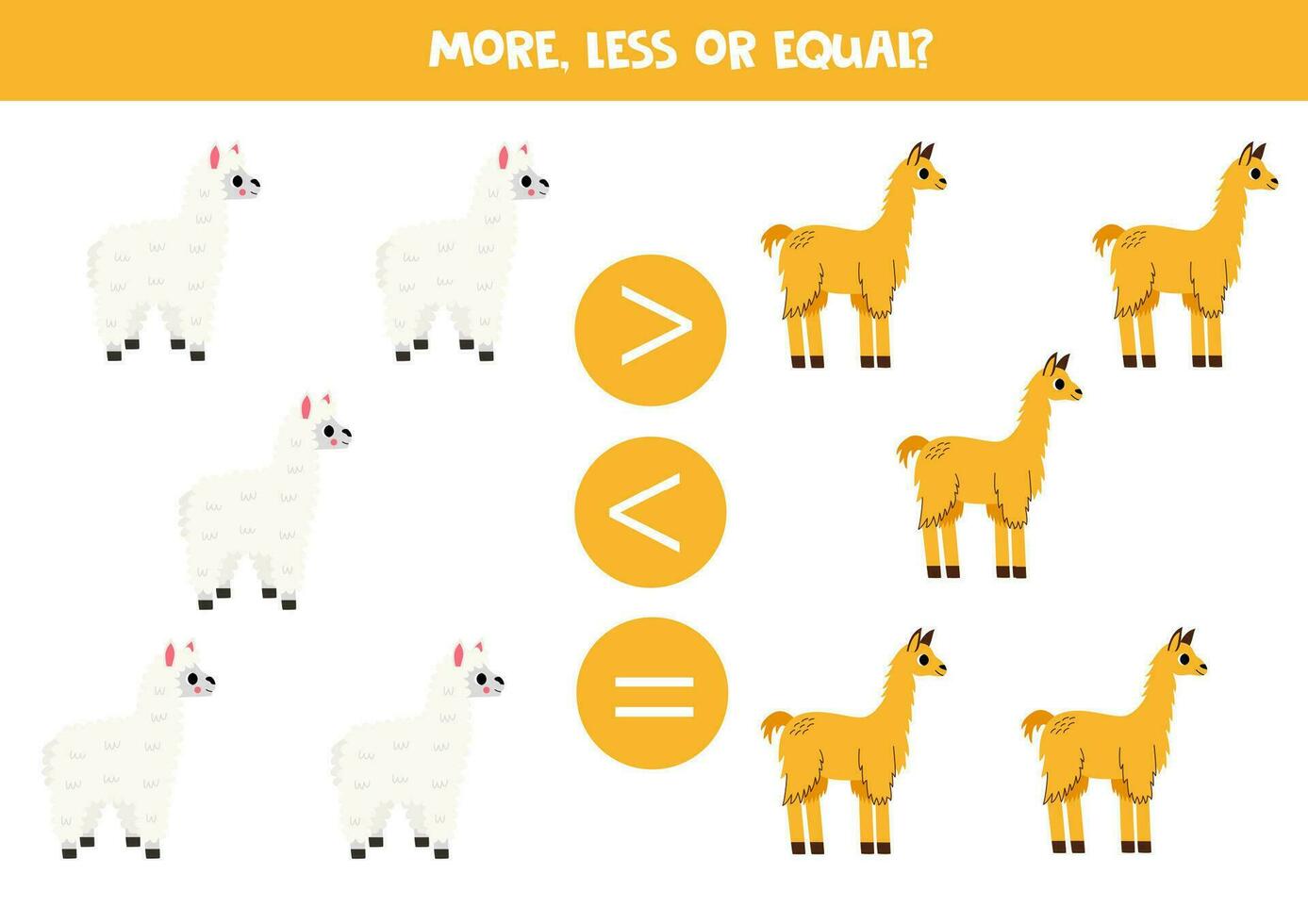 Grater, less or equal with cartoon llama and alpaca. vector