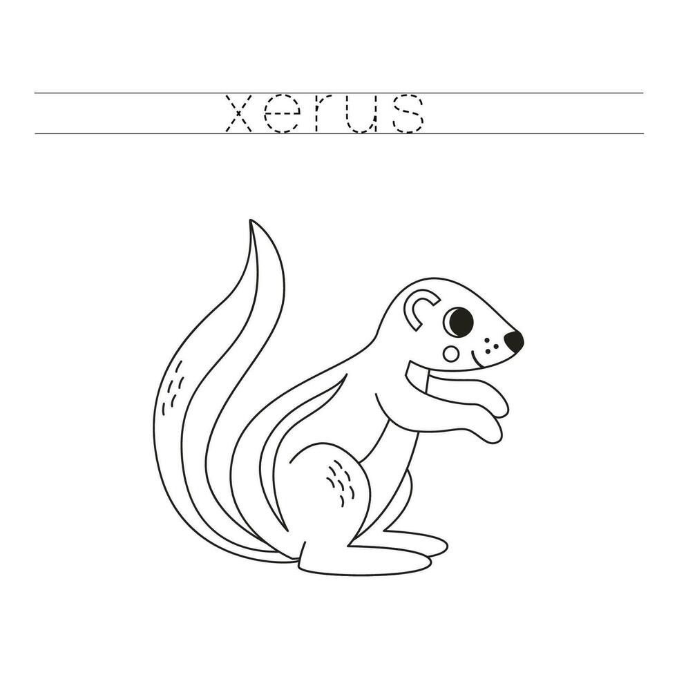 Trace the letters and color cartoon xerus. Handwriting practice for kids. vector