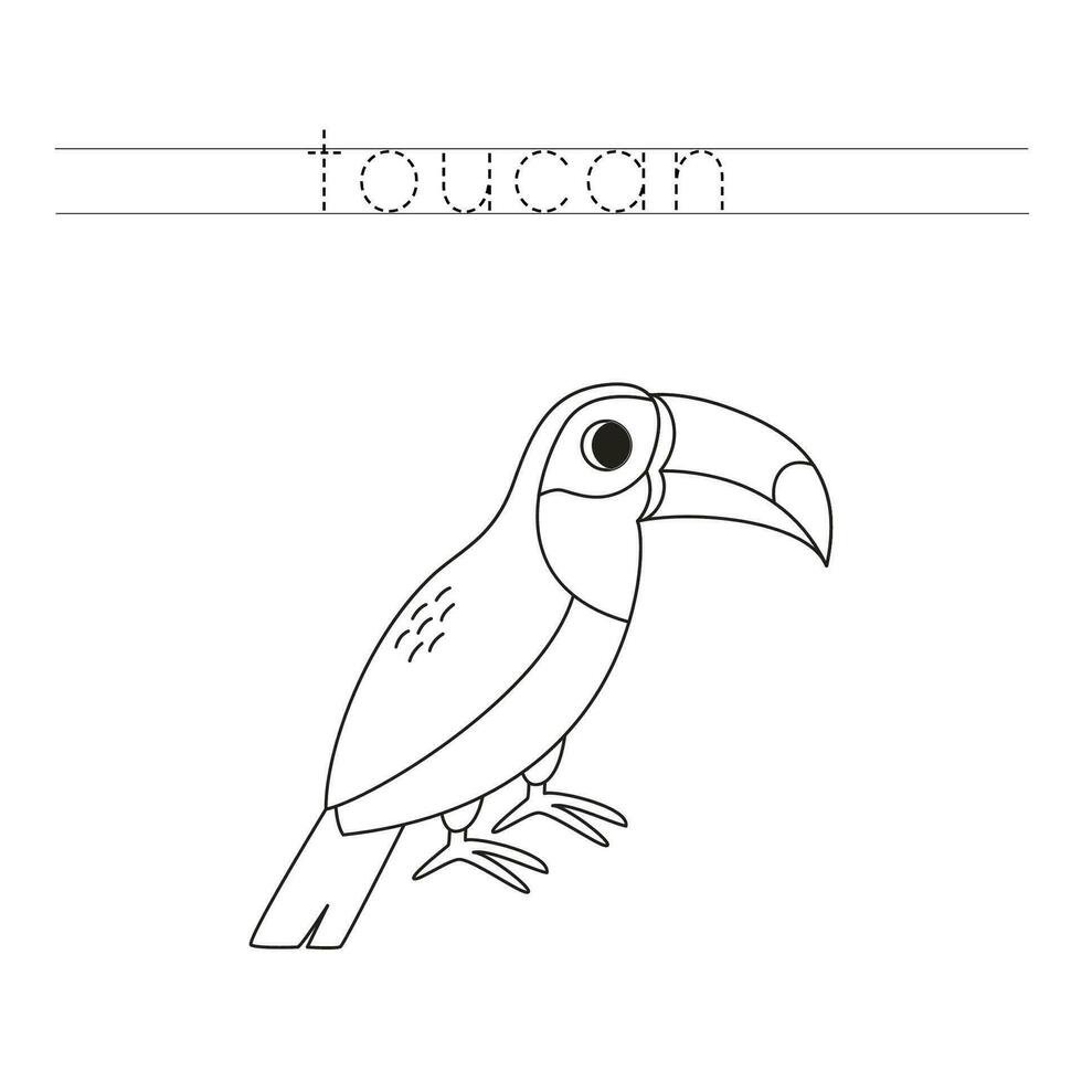 Trace the letters and color cartoon toucan. Handwriting practice for kids. vector