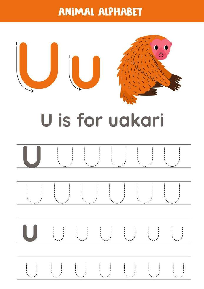 rastreo alfabeto letras para niños. animal alfabeto. tu es para uakarí. vector