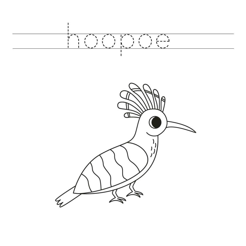 Trace the letters and color cartoon hoopoe. Handwriting practice for kids. vector