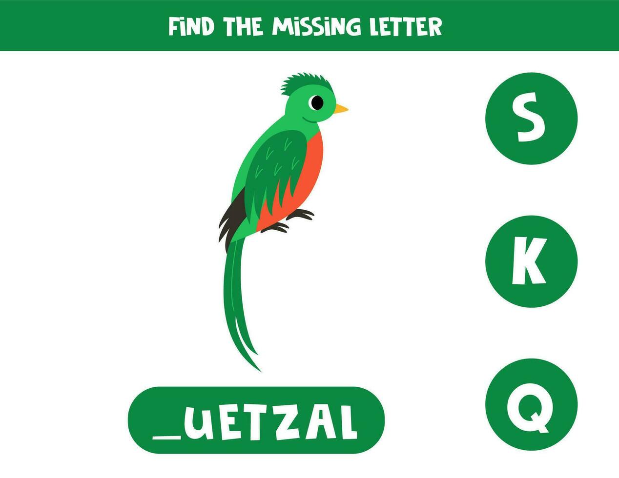 Find missing letter. Cute cartoon quetzal. Educational spelling game for kids. vector