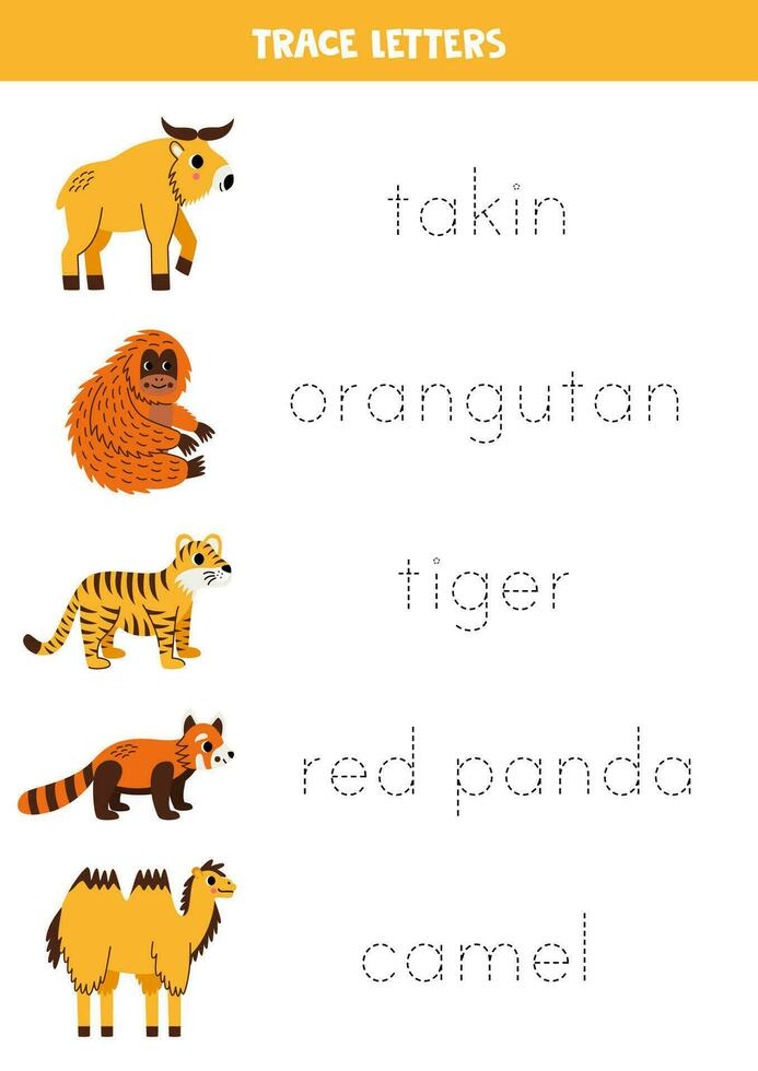 Tracing letters with cute Asian animals. Writing practice. vector