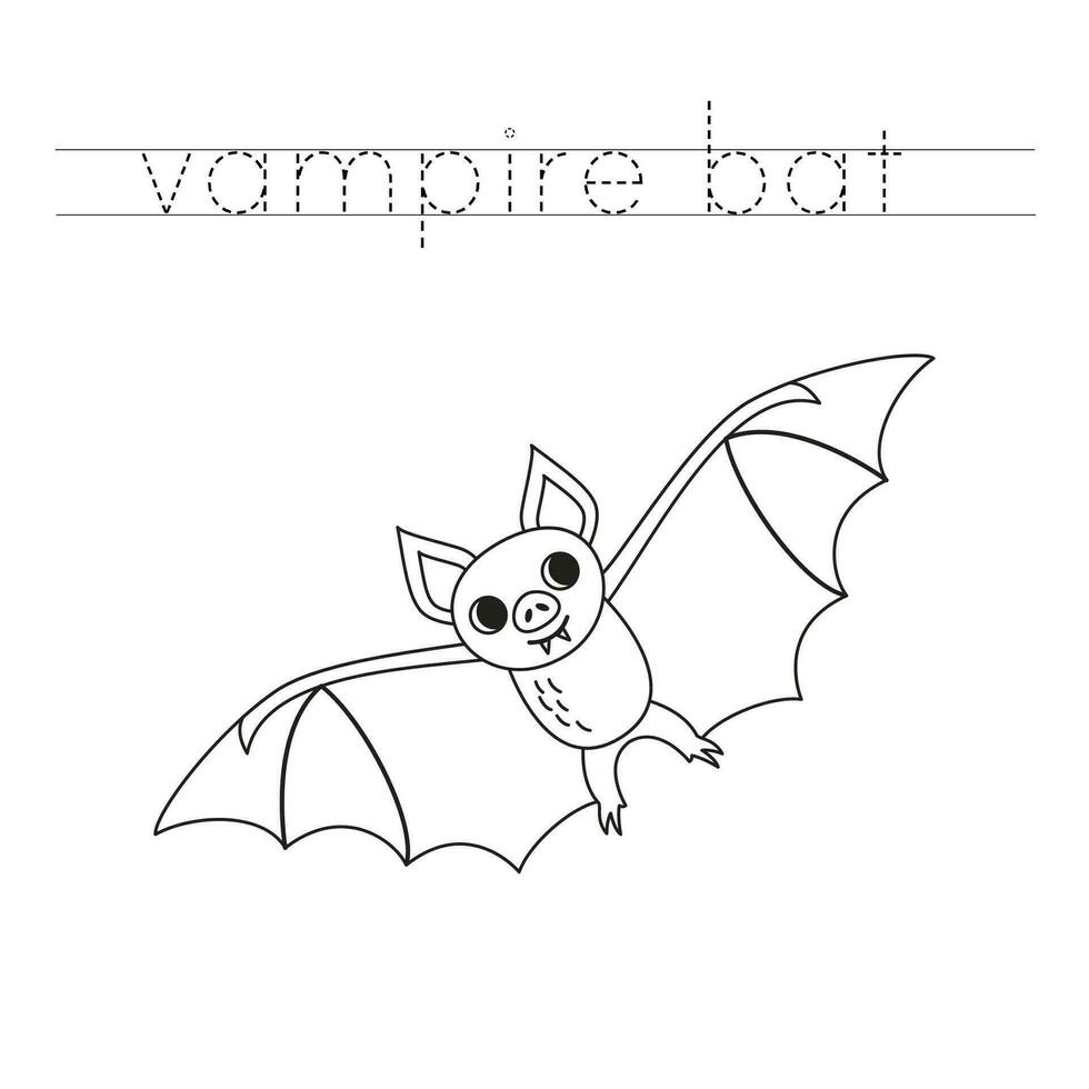 Trace the letters and color cartoon vampire bat. Handwriting practice for kids. vector