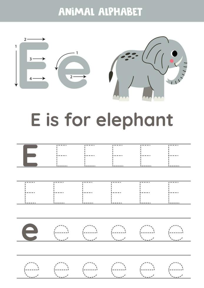 Tracing alphabet letters for kids. Animal alphabet. E is for elephant. vector