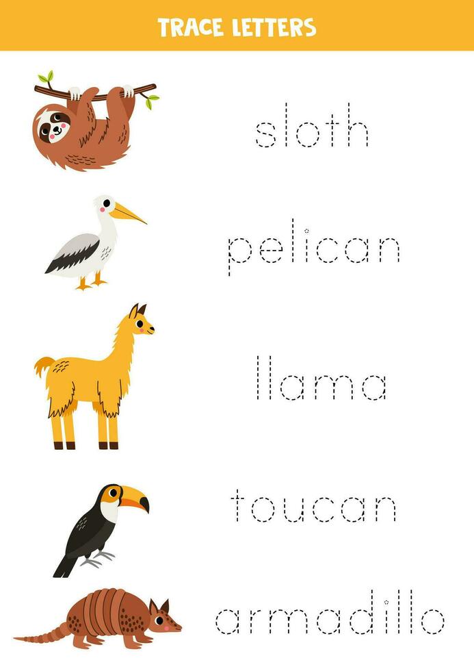 Tracing letters with cute south american animals. Writing practice. vector