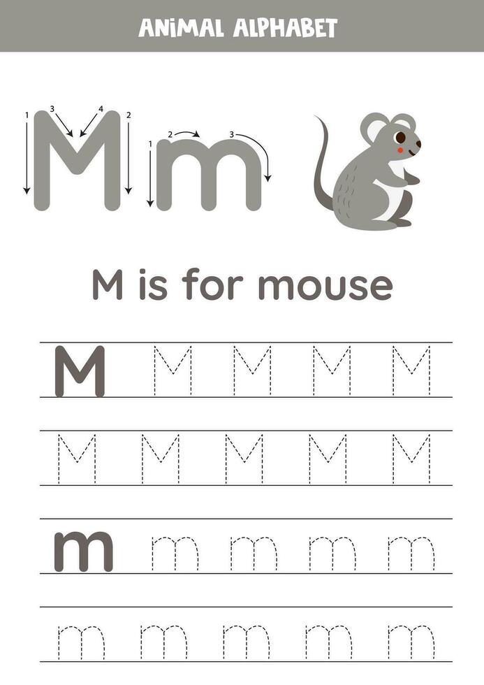 rastreo alfabeto letras para niños. animal alfabeto. metro es para ratón. vector