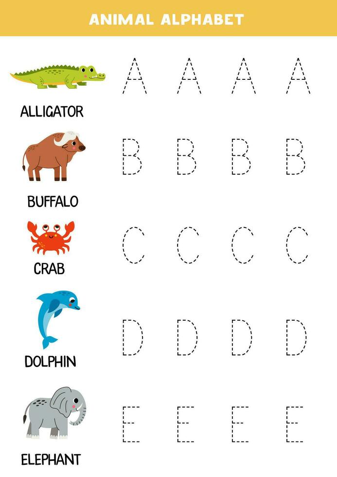 rastreo letras de animal alfabeto. escritura práctica. vector