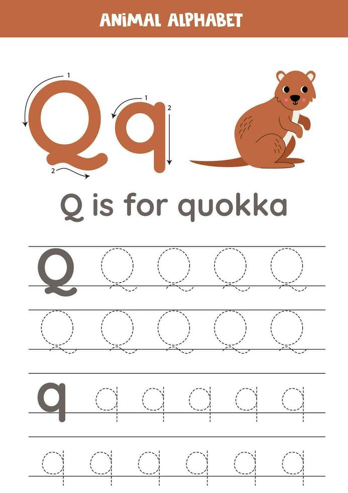 Tracing alphabet letters for kids. Animal alphabet. Q is for quokka. vector