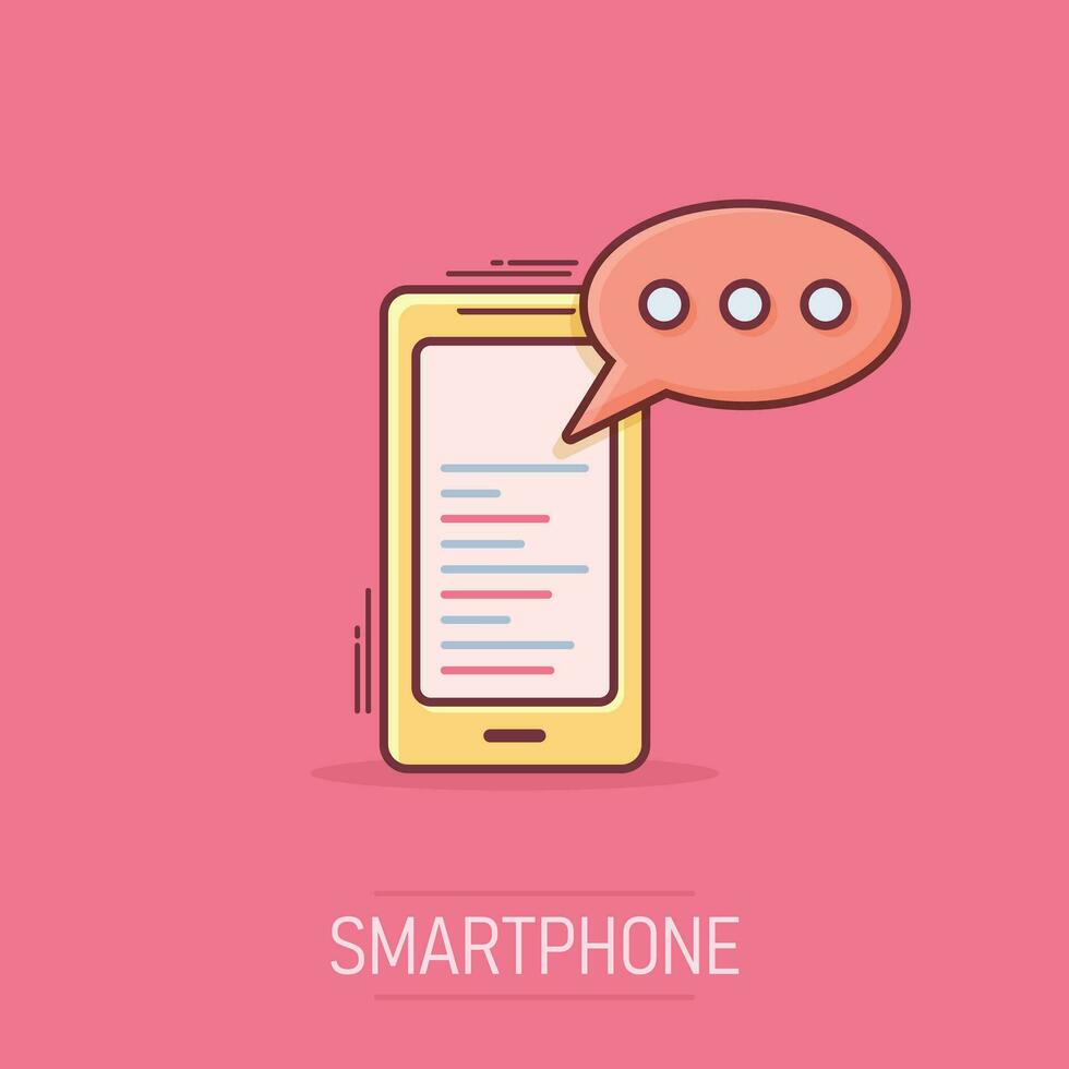 teléfono inteligente de dibujos animados con icono de mensaje en estilo cómico. pictograma de ilustración de teléfono móvil. concepto de salpicadura de teléfono inteligente. vector