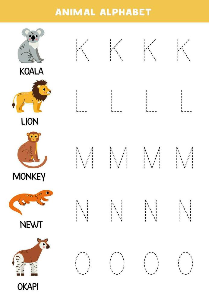 Tracing letters of animal alphabet. Writing practice. vector