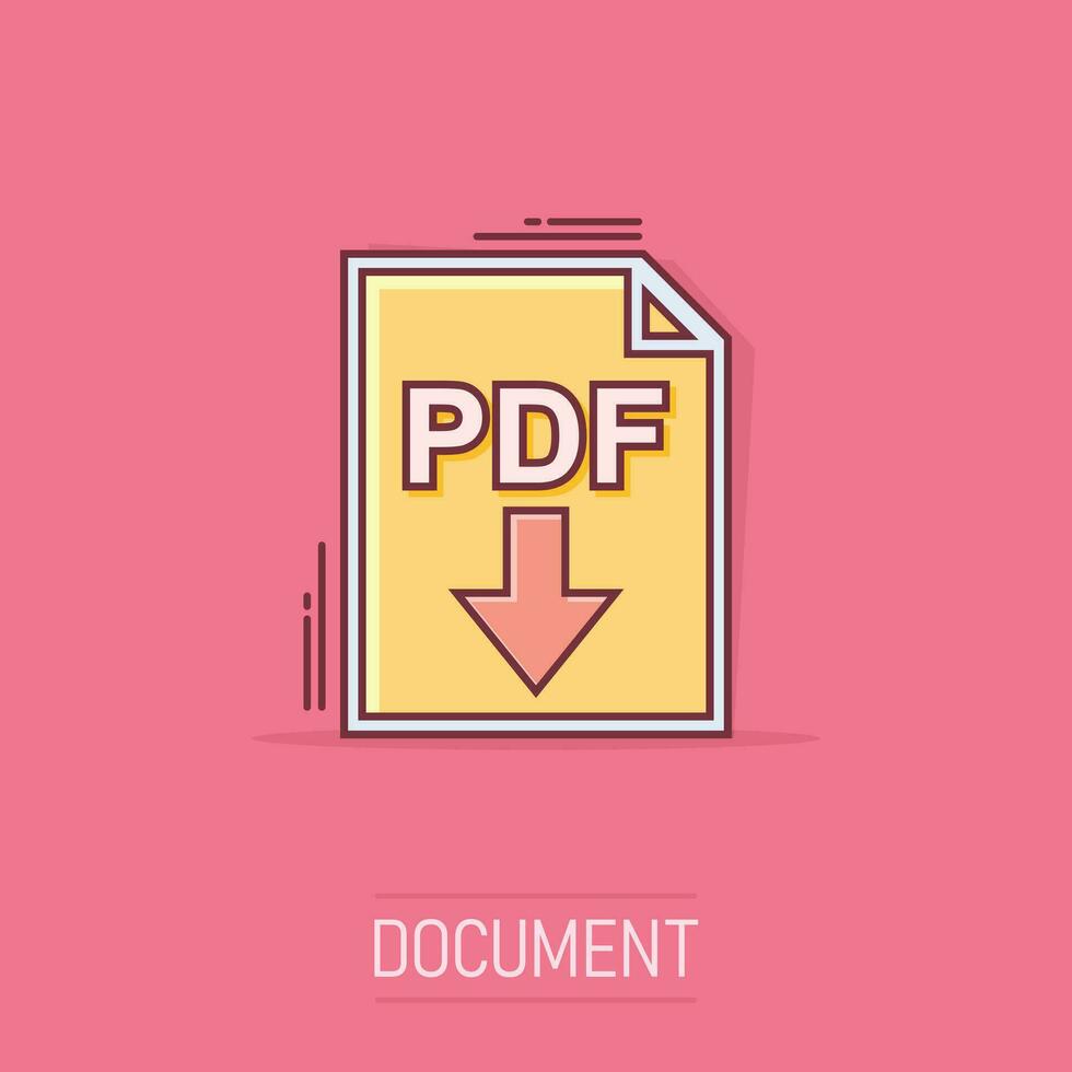 Cartoon PDF icon in comic style. Document illustration pictogram. File sign splash business concept. vector