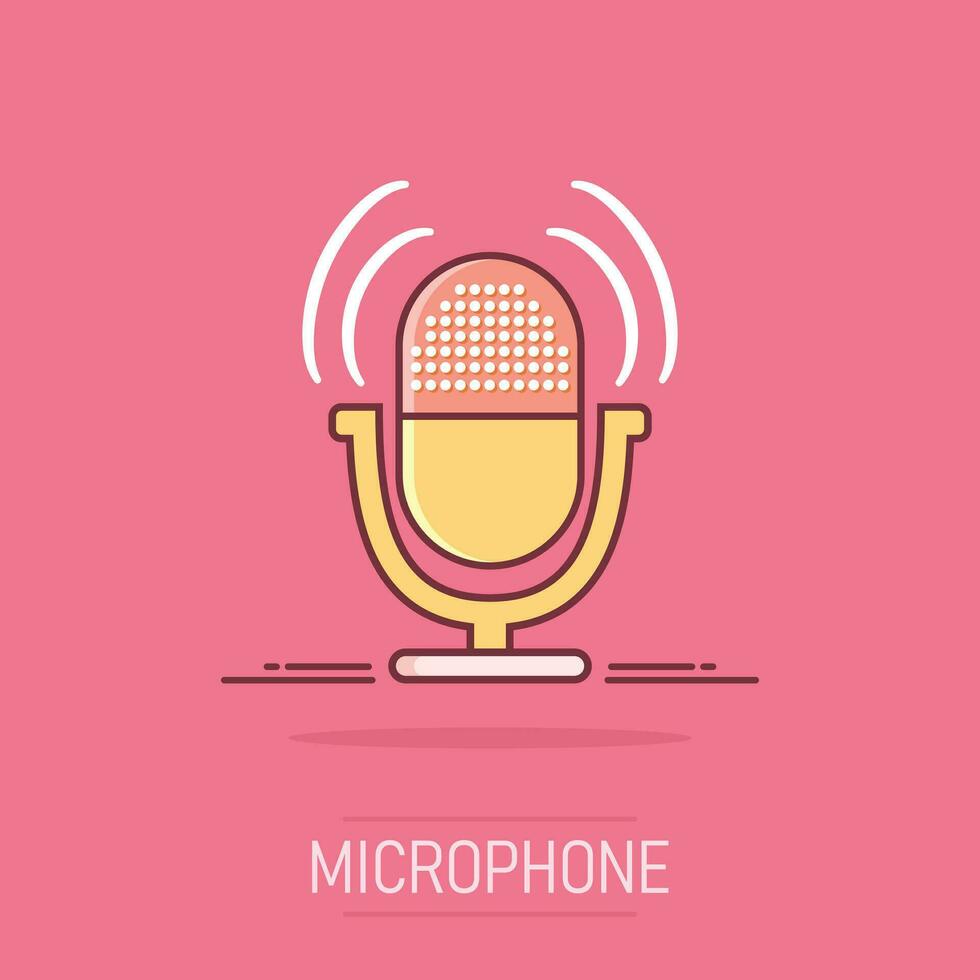 Cartoon microphone icon in comic style. Mic illustration pictogram. Mike sign splash business concept. vector