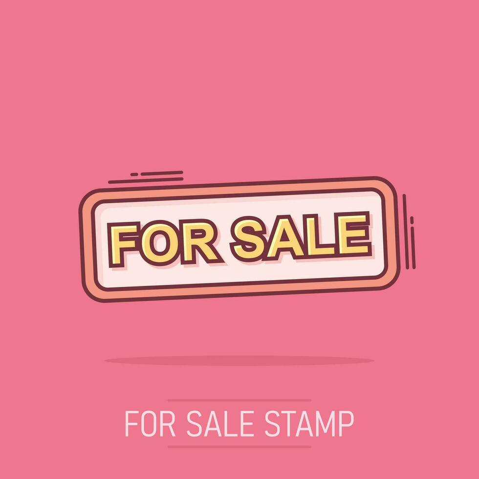 Cartoon colored for sale icon in comic style. Sell illustration pictogram. Market sign splash business concept. vector