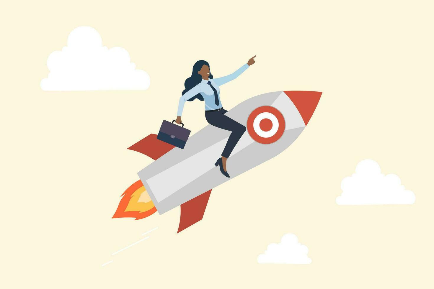 The concept of a leader, manager, and businesswoman is being discussed by many people, African American business woman riding rocket and leader pointing direction business,successful strategies search vector