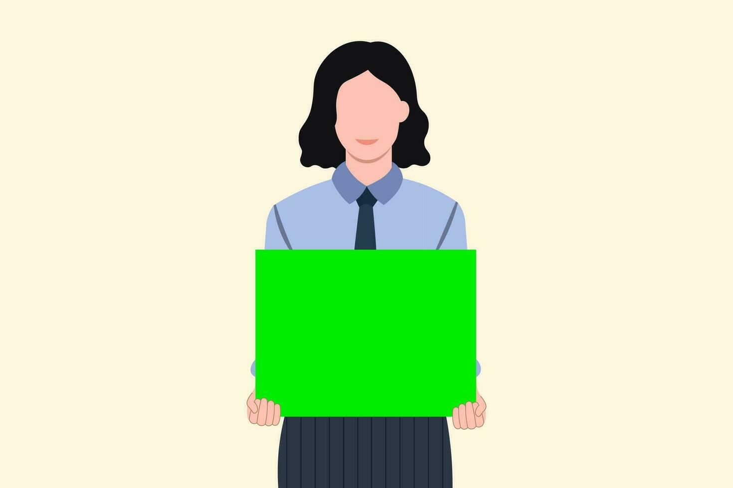 Businesswoman holding a green screen.empty screen for advertising, A woman stands and smiles, showing a blank sign,copy space, woman business vector illustration.