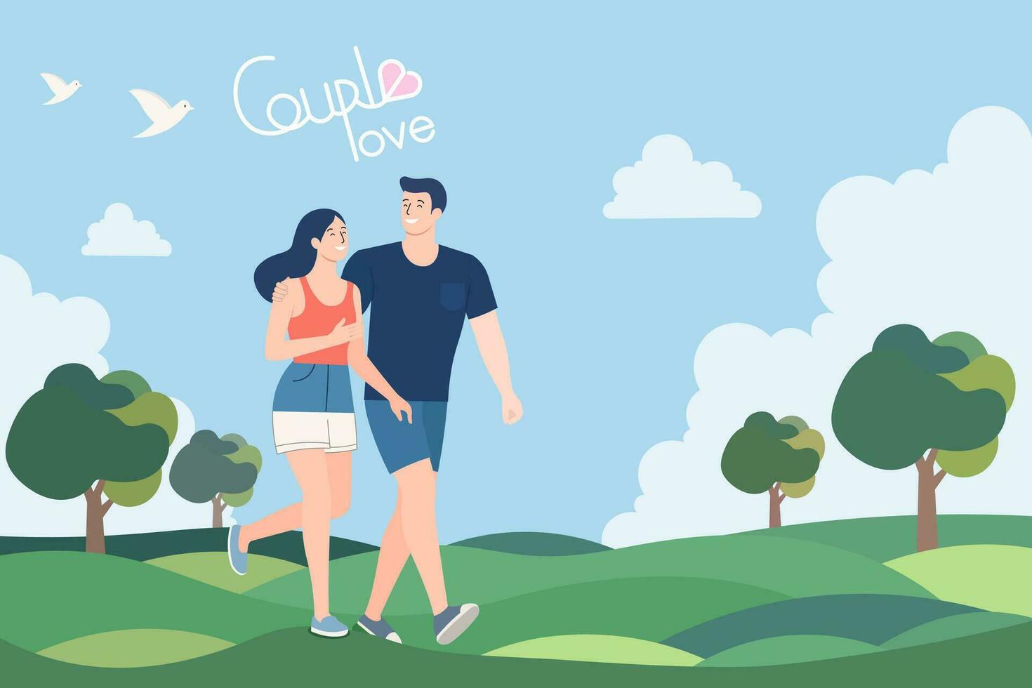 Couple walking in the park on spring or summer landscape, love and marriage Concept,married couple hikes together,hand drawn text elegant Couple love. Love Vector illustration