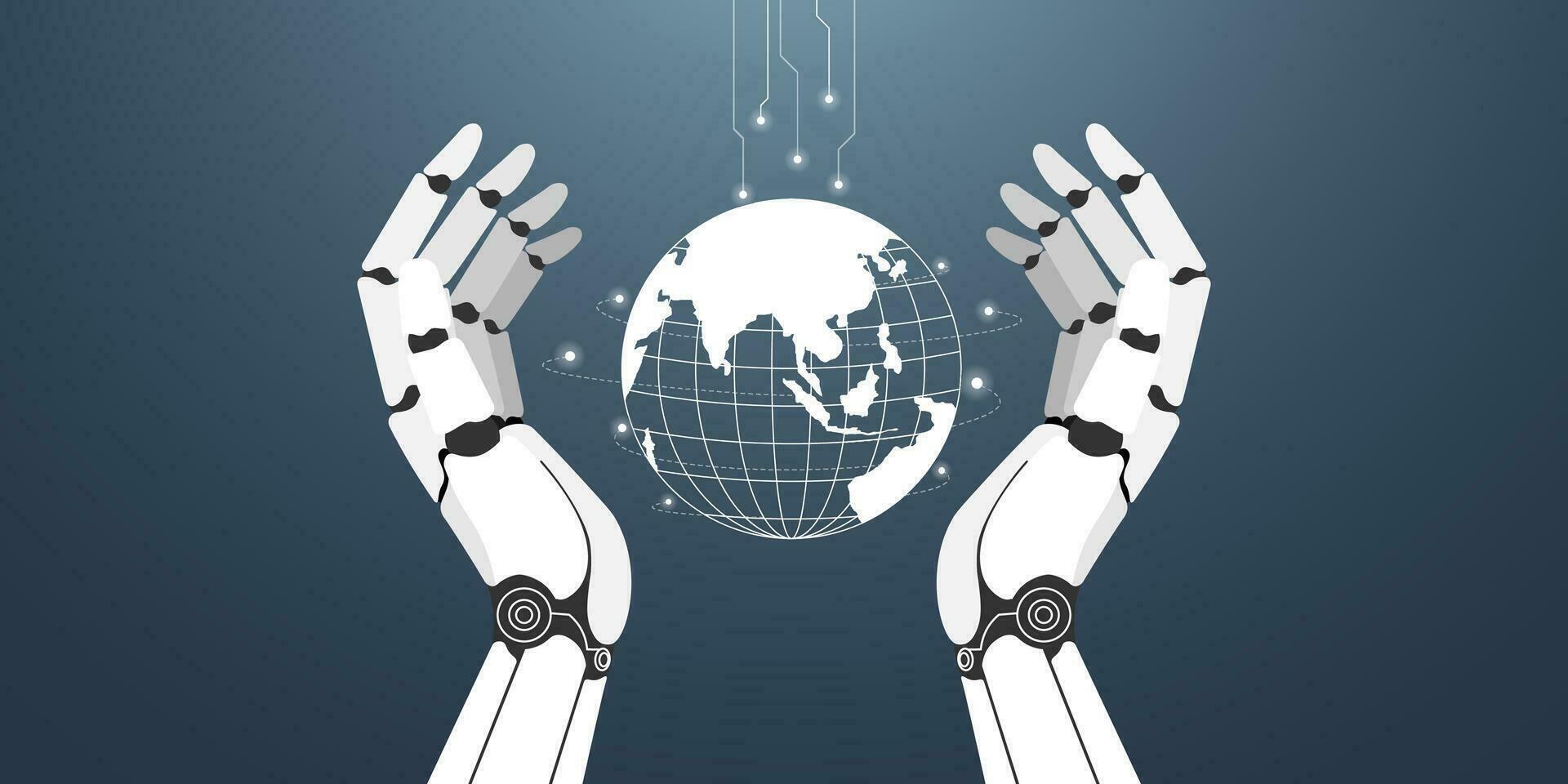 The concept of a robotic hand holding a line globe. Artificial Intelligence takes control of the Earth. The world uses AI technology for communicating, working, creating, drawing, and writing books. vector