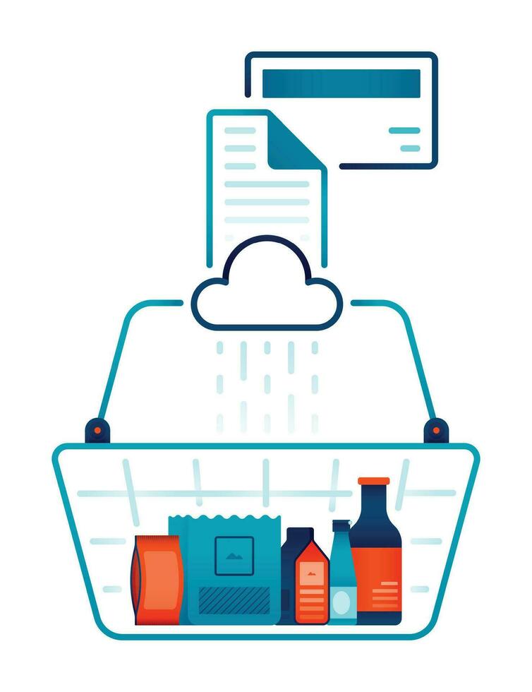 Online shopping illustration in line style. basket containing grocery purchases that connected to cloud to get payment bills and receipts. Can be used for mobile apps, posters, web, flyer vector