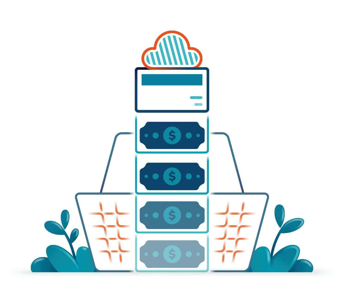 illustration of credit card and money dropping into shopping cart metaphor of checkout. Can be used for posters, websites, brochures, banners vector