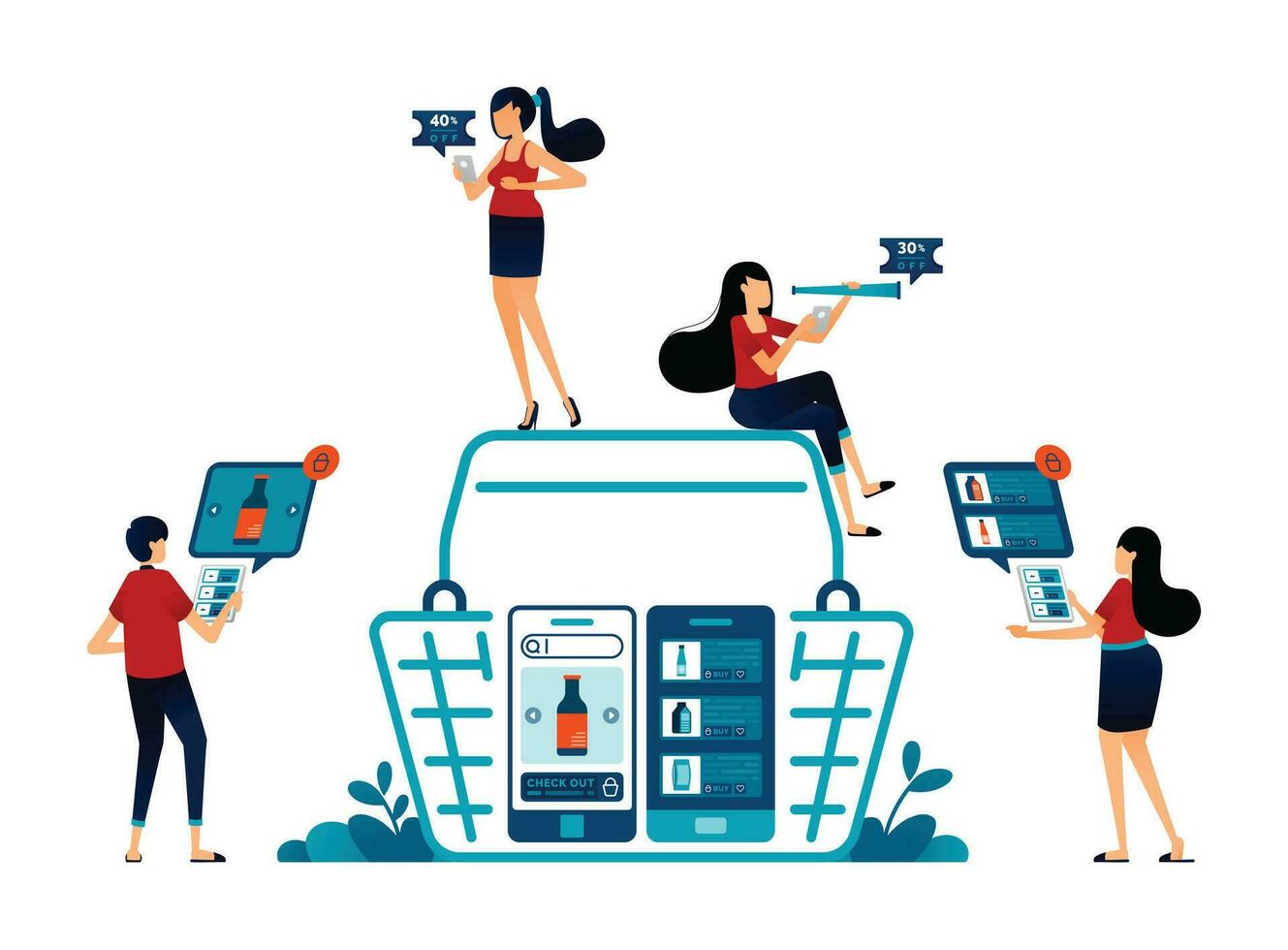 Illustration of people doing grocery shopping with mobile apps. select basic food products in apps and added to cart for checkout and payment. Can be used for landing page, website, web, banner vector