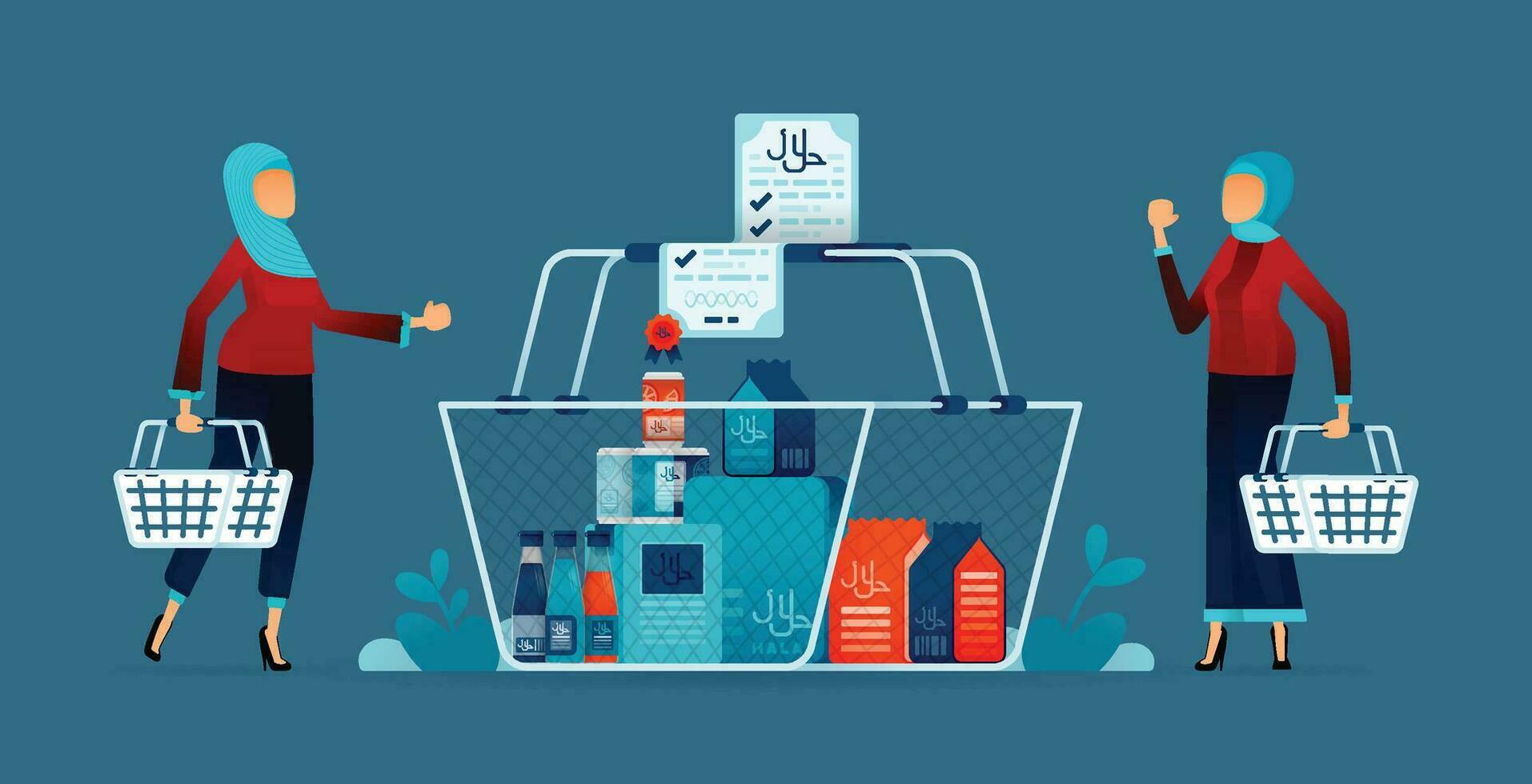 Illustration of Muslim moms shopping for grocery products labeled and certified halal. Halal labels and signs in Arabic. Can be used for posters, banners, websites vector