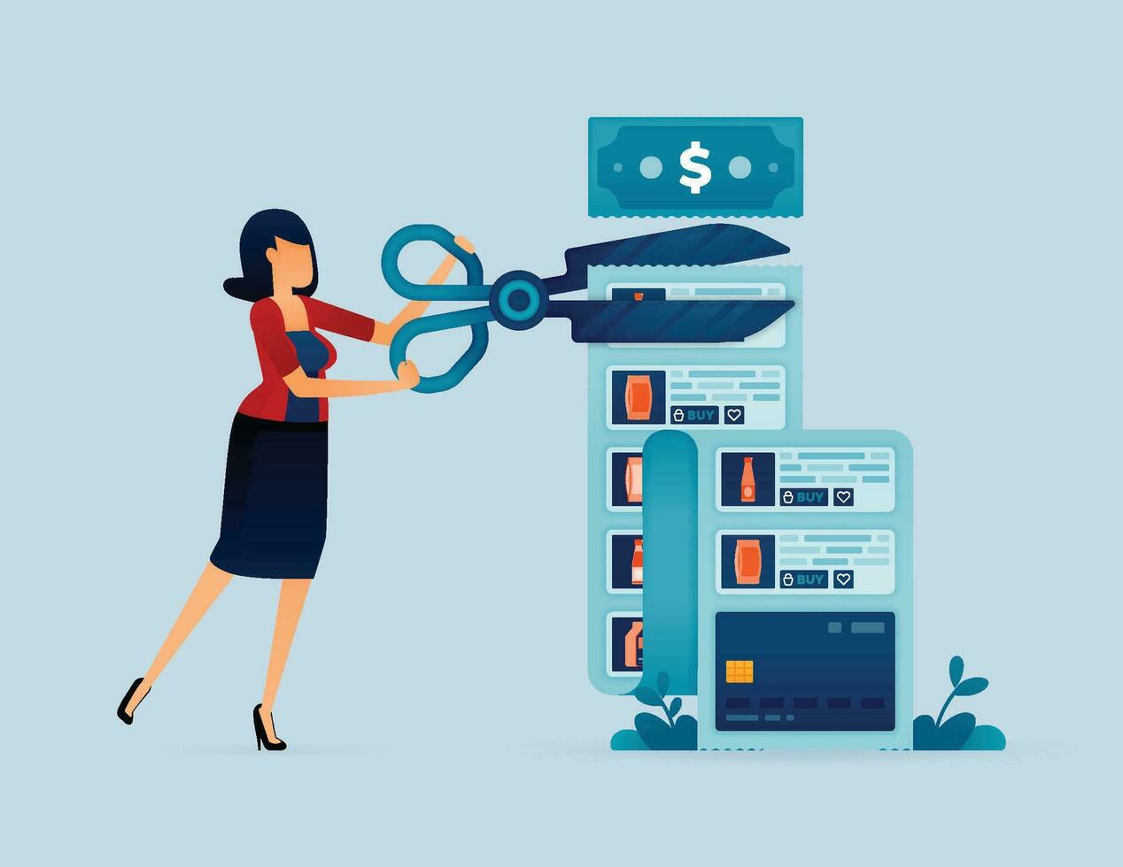 illustration of Moms cut shopping bills to get discounts or price cuts on promotional program credit card payments with scissors. Can be used for posters, banners, websites vector