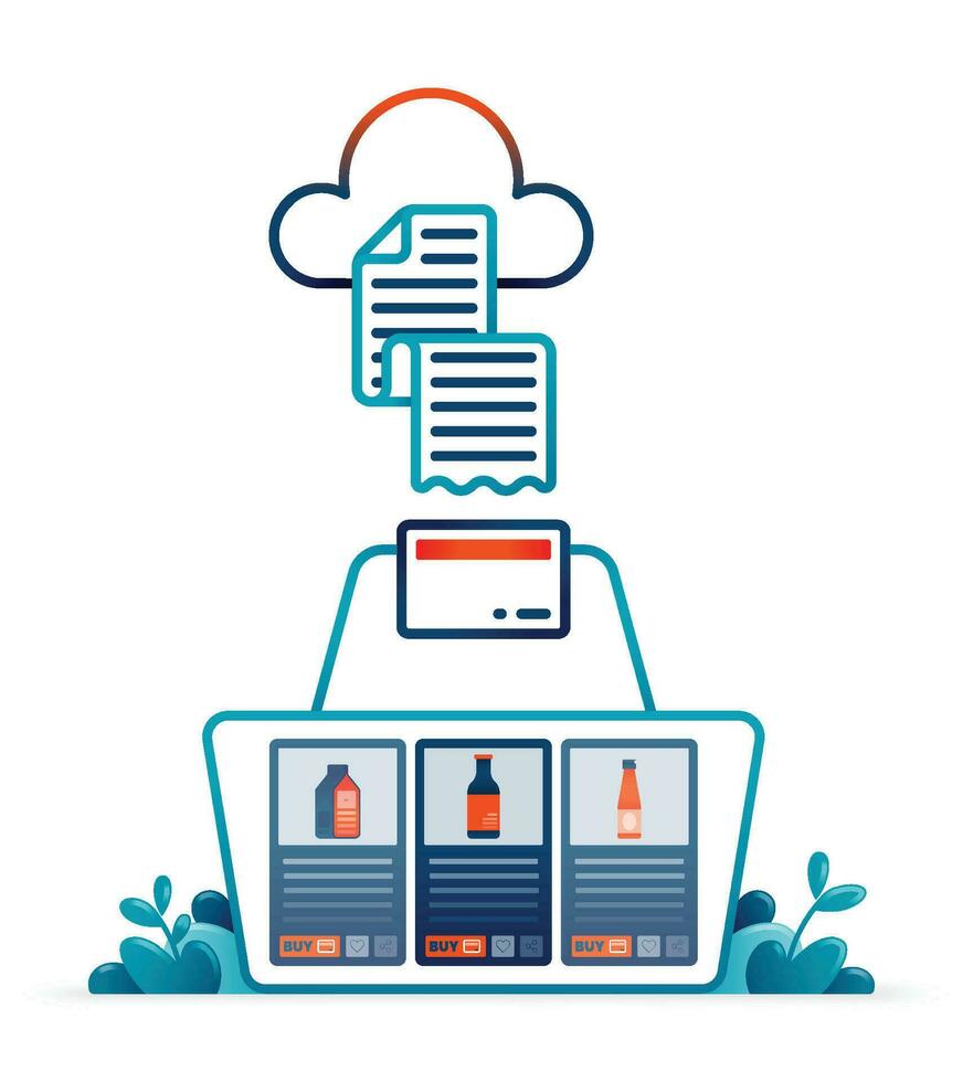 Illustration of shopping basket in line style containing basic grocery items metaphor for check out payments receipts in cloud. Can be used for posters, websites, brochures, banners vector